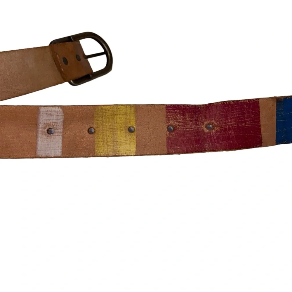 Genuine Leather Belt Made in India Multicolor Striped Silvertone Buckle 34-37”